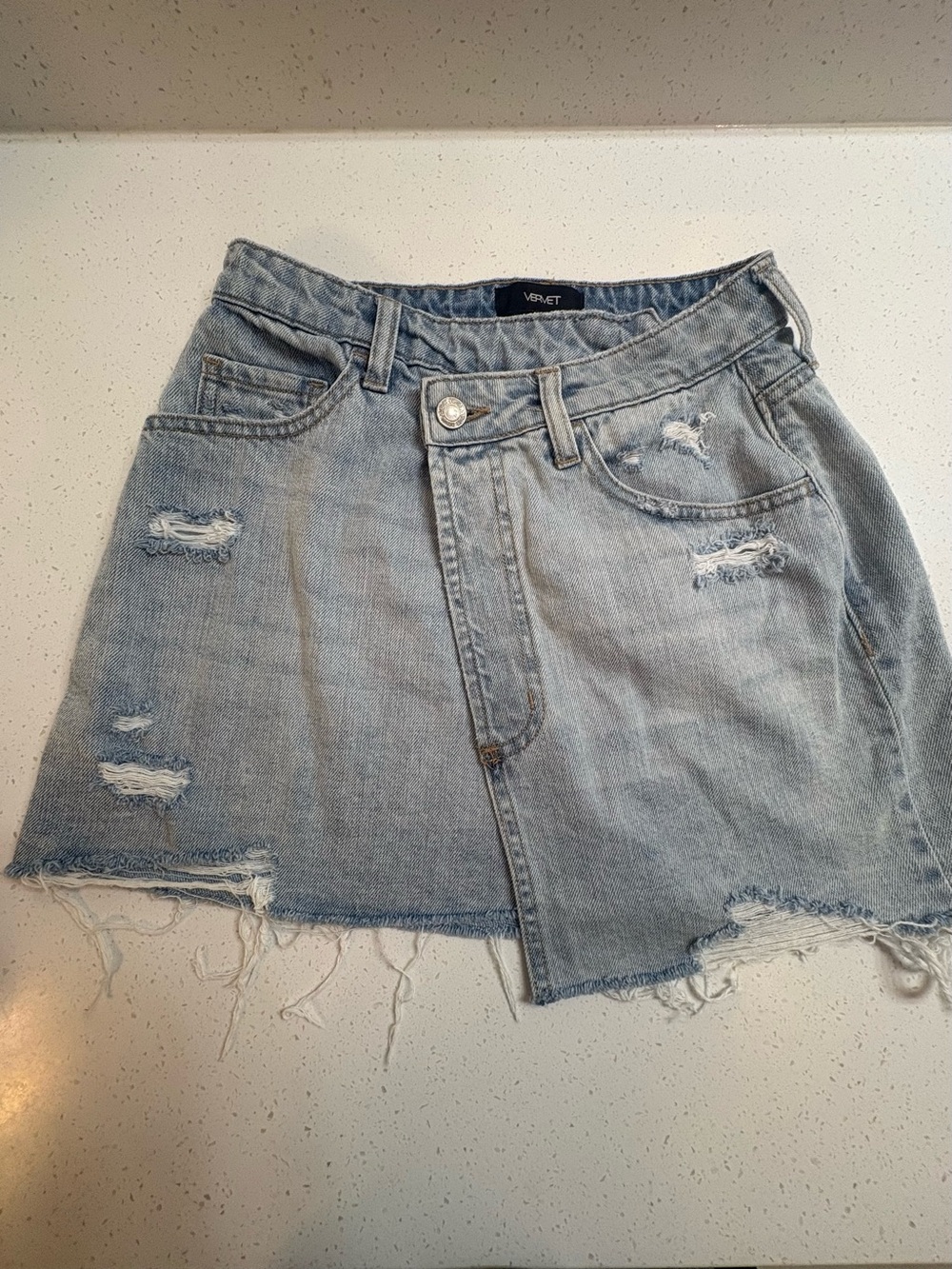 Vervet Asymmetrical High Rise Wrap Around Distressed Denim Mini Skirt Size XS